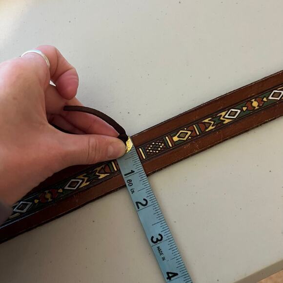 Brown Painted Tooled Southwestern Genuine Leather Brass Buckle Belt Size Large - Picture 9 of 12